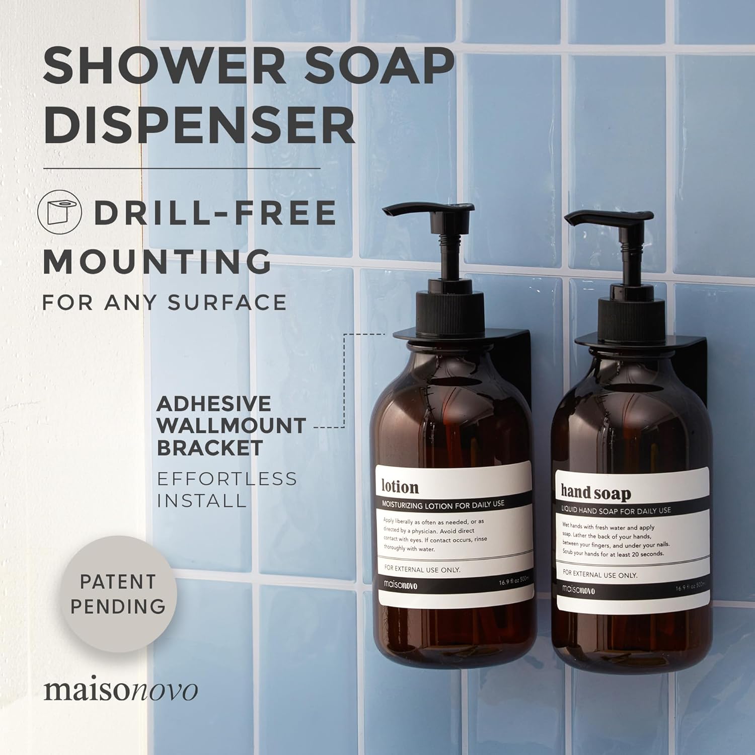 MaisoNovo Shampoo and Conditioner Dispenser - Shower Soap Dispenser Wall Mounted - 16.9 fl oz Set of 2 Amber Plastic Bottles Black Pump - Shampoo Dispenser, Shower Dispenser 2 Chamber No Drill