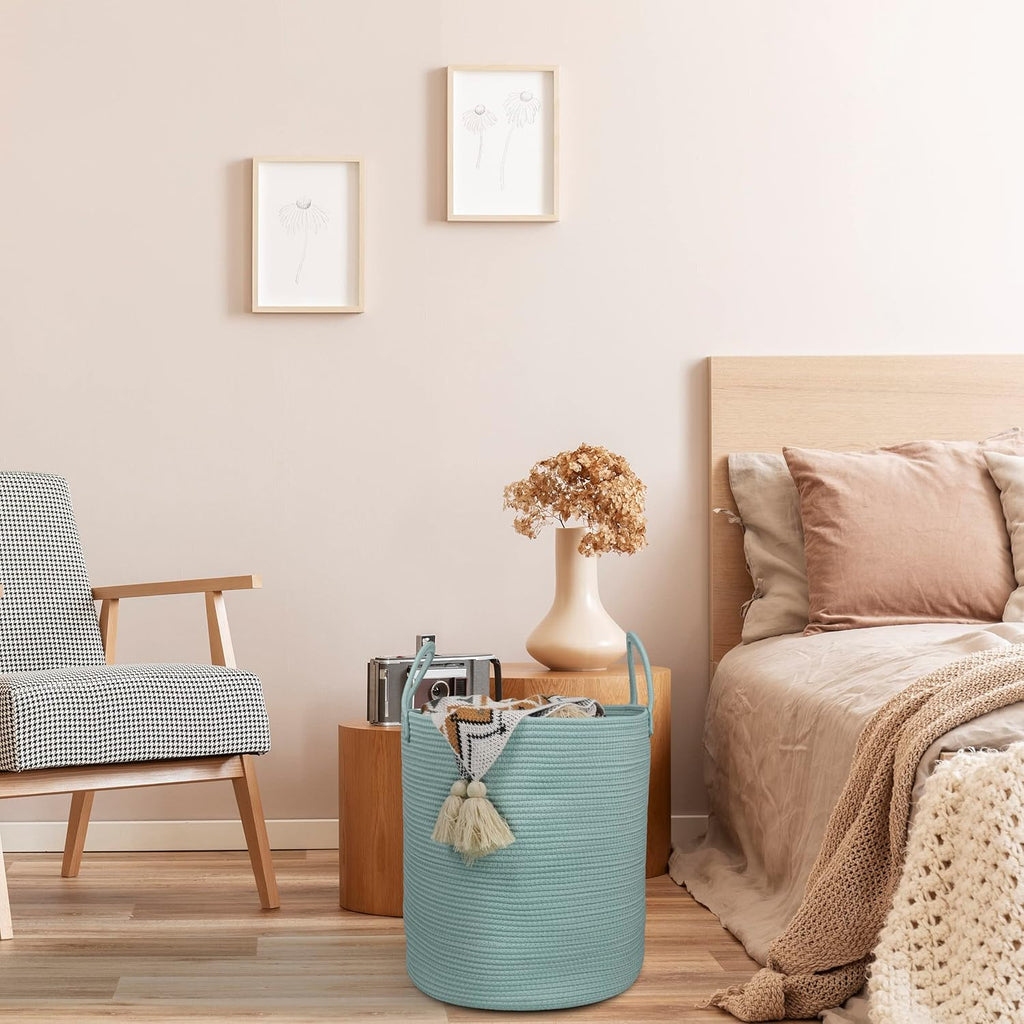 Cotton Rope Laundry Basket Hamper for Clothes Woven Storage Basket for Living Room Bedroom Boho Tall Rope Baskets for Blanket Toys Pillow Towels Baby Nursery Hamper Bin Large light green