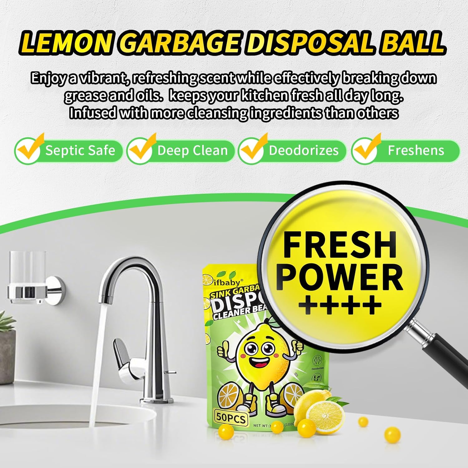 50 Count Garbage Disposal Cleaner and Deodorizer – Sink Odor Eliminator, New Powerful XL Sink Drain Freshener Pods | Dissolves Grease, Eliminates Odors, Lemon Zest Scent