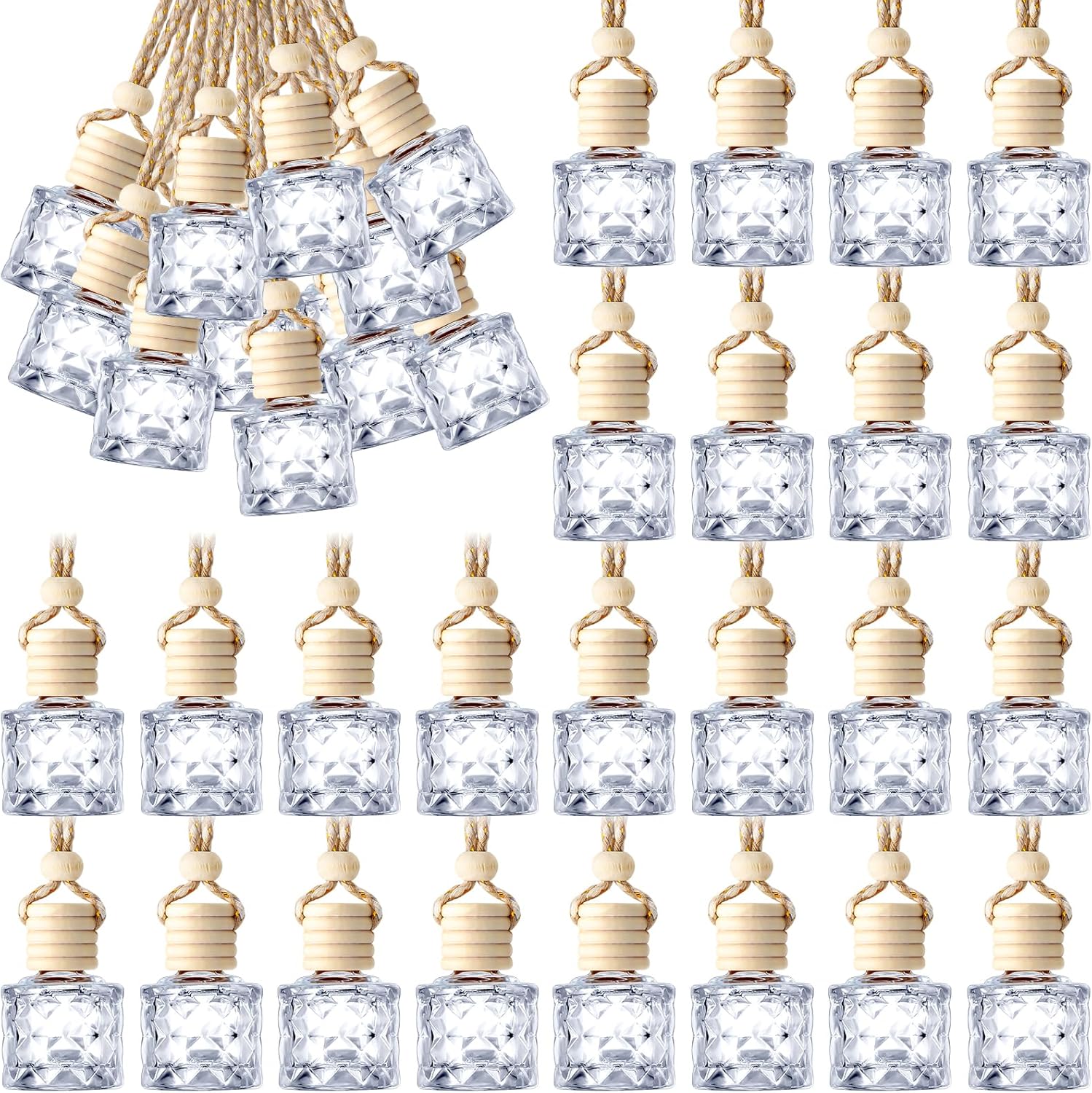 BBTO 50 Pcs Hanging Car Air Freshener Car Diffuser Bottles Empty Glass Perfume Bottle Freshener Diffuser Bottle Pendant for Essential Oil Fragrance Aromatherapy Bottle Ornament(Diamond)