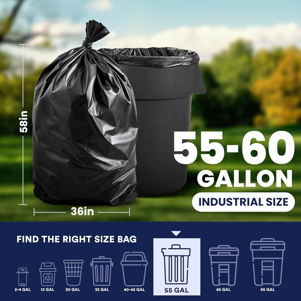 Plasticplace 55-60 Gallon Trash Bags │ 1.5 Mil │ Black Heavy Duty Garbage Can Liners │ 36” x 58” (100 Count)