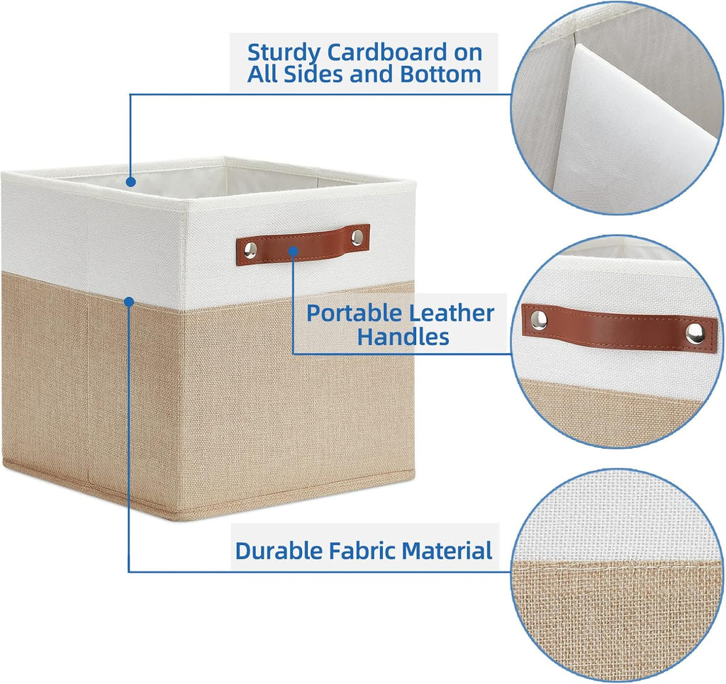 Temary Fabric Storage Cubes Bins, 11 inch Cube Storage Baskets, Foldable Cube Bins Set with Handles, Decorative Storage Boxes for Home Organizing (White & Khaki, 11 x 11 x 11)