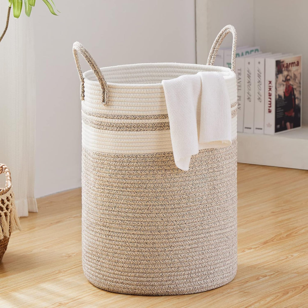 Fiona's magic 72L Large Woven Laundry Hamper, Tall Cotton Rope Storage Basket, Jute Baby Nursery Hamper for Blankets, Toys and Clothes in Bedroom and Living Room Organizing, Brown & White