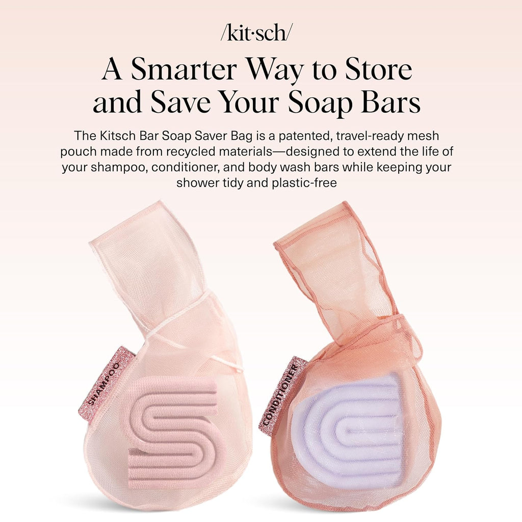 Kitsch Bar Soap Saver Bag – Patented Mesh Bag Soap Holder for Shampoo and Conditioner Bars - Extends Use & Prevents Soggy Mess - Recycled Mesh Beauty Pouch, Eco-Friendly - 2pc Set, Blush & Terracotta