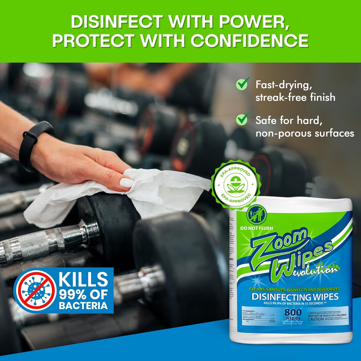 Zoom Evolution Multi-Purpose Antibacterial Wipes, 3,200 Count – 4 Rolls of 800 Wipes Each, Disinfecting Cleaning & Sanitizing Solution for Home, Kitchen, Gym, Car & Office, Quick-Dry, EPA-Registered