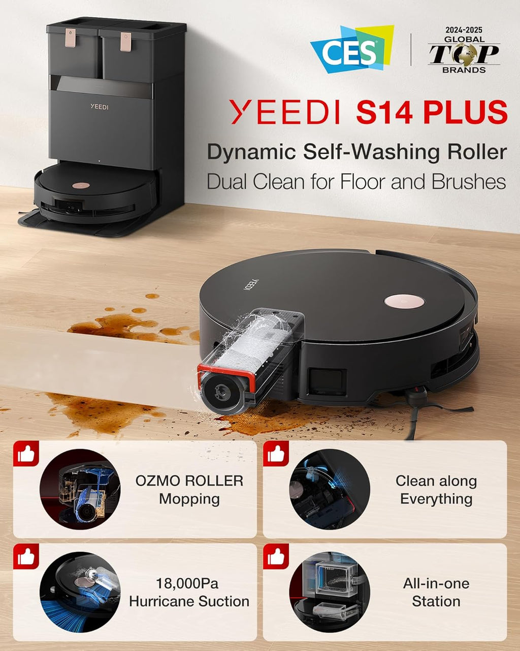 Yeedi S14 Plus Robot Vacuum and Mop, 18,000Pa Suction, OZMO Roller Mopping, ZeroTangle 2.0, TruEdge 3D Sensor, All-in-One Station with Auto Hot Water Washing & Self-Drying, Black