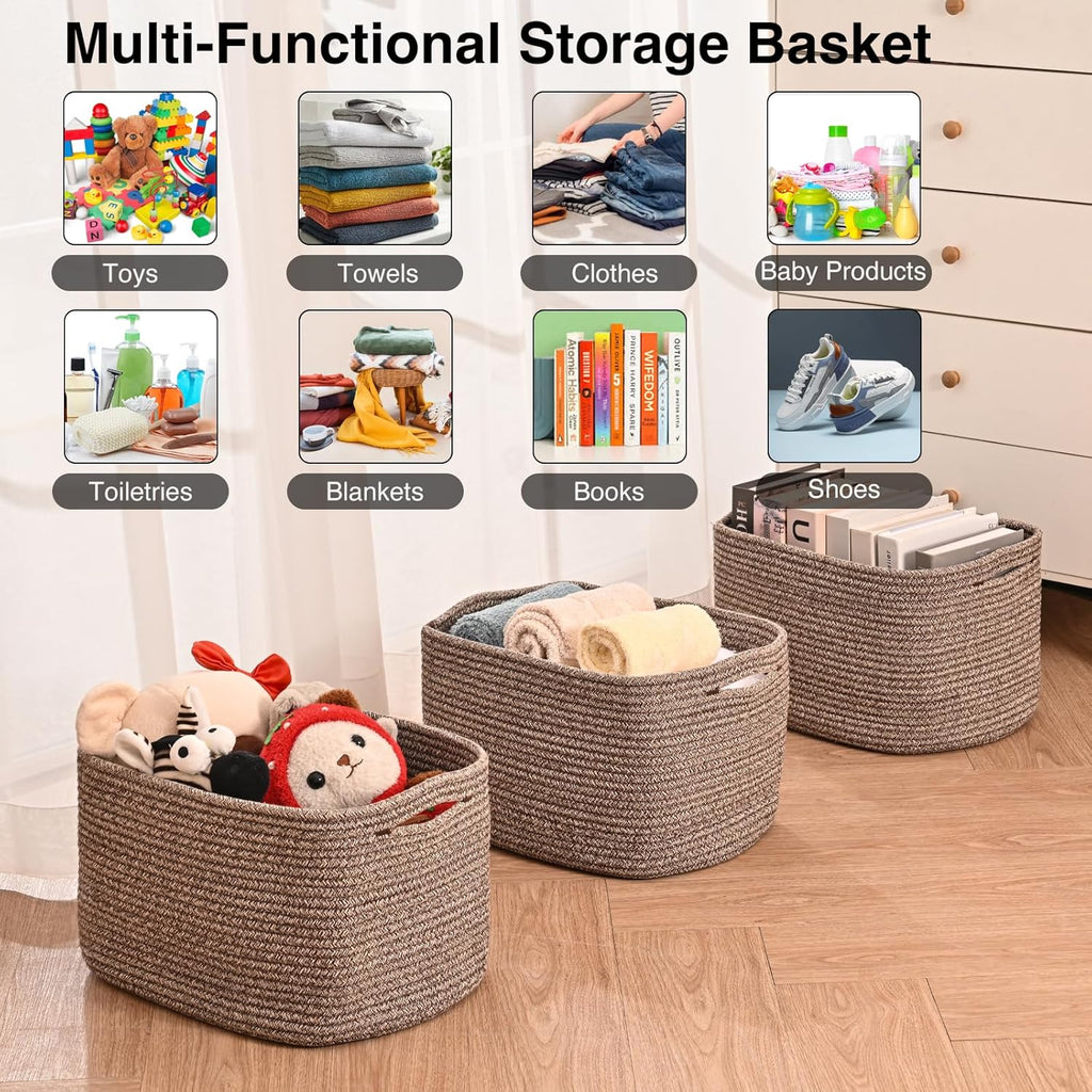 Storage Baskets for Organizing Shelves, Woven Cotton Rope Bins for Baby Nursery Organization, Book Toy Towel Organizer, 15"x11"x9.5", 3 Packs, Dark Brown