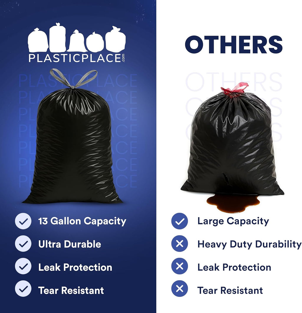Plasticplace 13 gallon Extra Tall Drawstring Kitchen Trash Bags | Black 1.2 Mil, 24"W x 31"H (200Count)