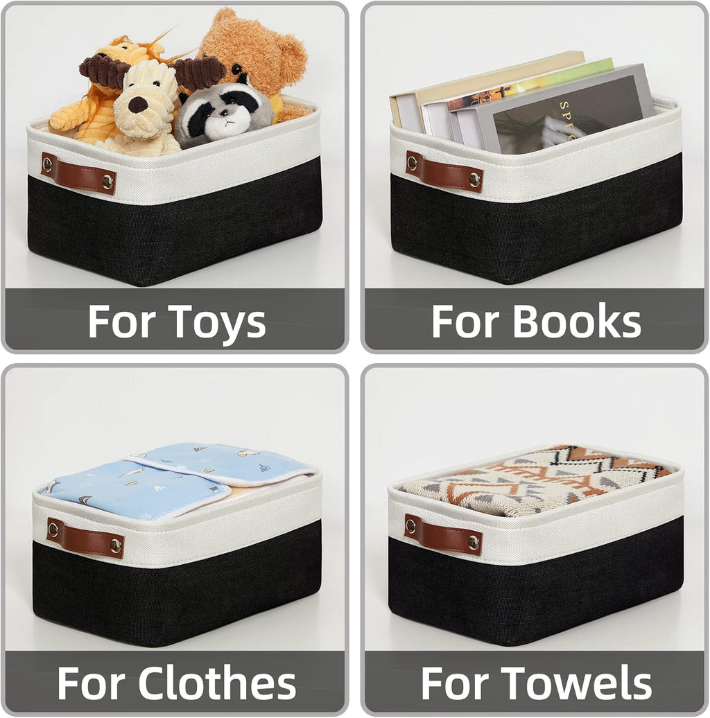 HNZIGE Small Storage Baskets (6 Pack) - Fabric Bins with Leather Handles, Foldable for Organizing (Black&White, 11.8" x 7.8" x 5.1")
