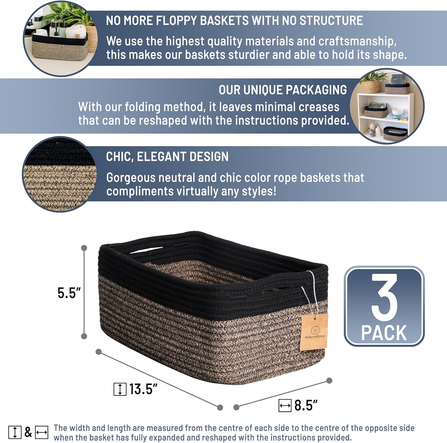 NaturalCozy 13.5”x8.5”x5.5” Rectangle Storage Baskets for Shelves 3 Pack | Cotton Rope Woven Small Baskets for Organizing | Small Storage Bins for Nursery, Bathroom, Closet, Shelf, Decorative