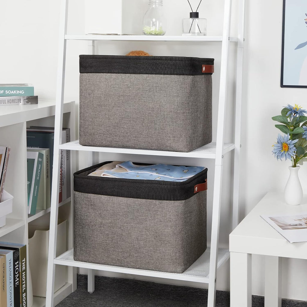DULLEMELO Storage Bins 16"x12"x12" With Leather Handles for Organizing,Decorative Collapsible Storage Baskets for Shelves Closet Home Office (Black&Grey)