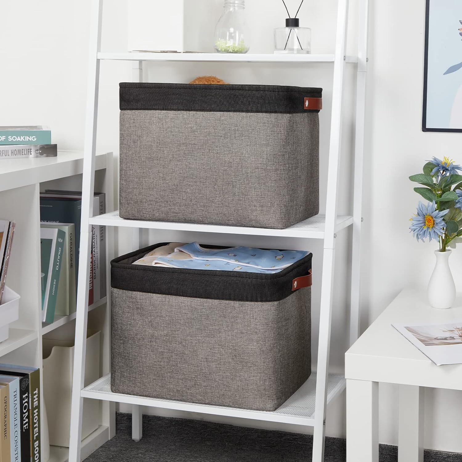 DULLEMELO Storage Bins 16"x12"x12" With Leather Handles for Organizing,Decorative Collapsible Storage Baskets for Shelves Closet Home Office (Black&Grey)