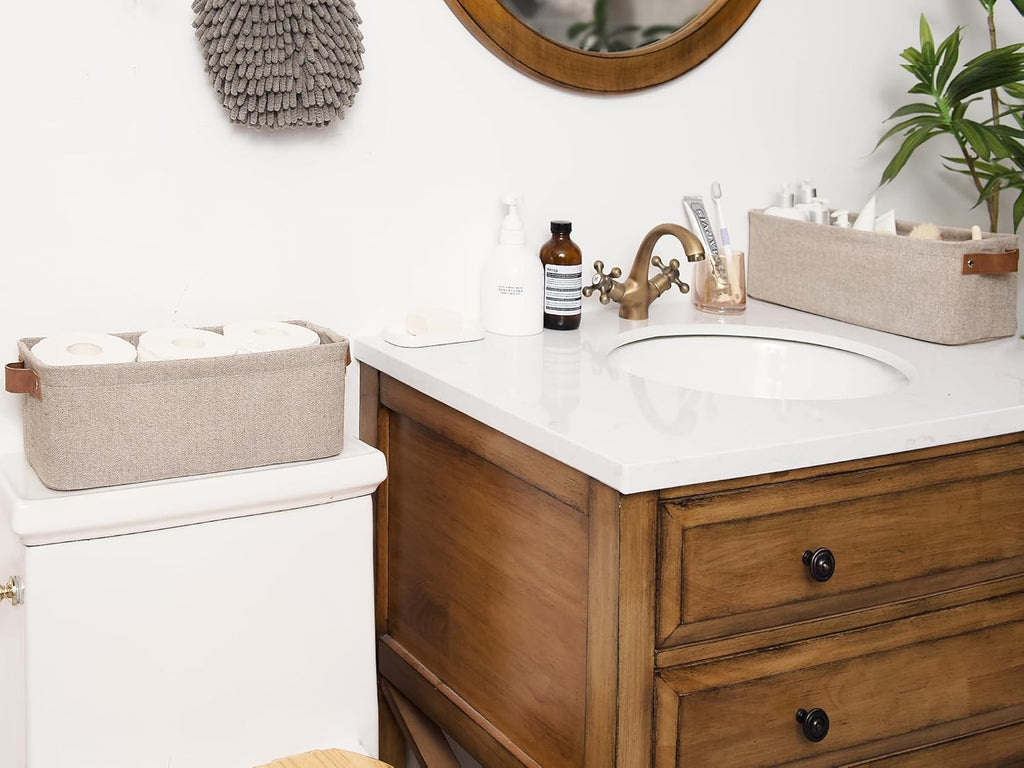 StorageWorks Narrow Storage Bins, Small Basket for Closet and Shelves, Fabric Organizer with Handles, Toilet Paper Storage, Brown and Beige, 2-Pack