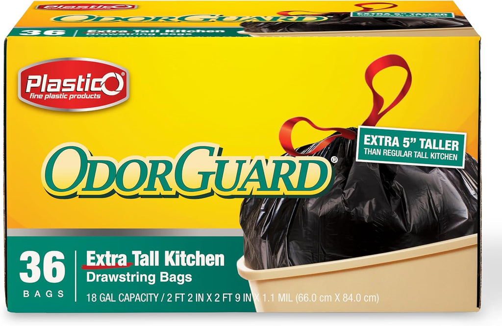 Plastico Extra Tall Kitchen Trash Bags - 18 Gallon, Black, 36 Garbage Bags, Extra Strong, Easy Drawstrings - Odor Guard Control, Unscented, 1.1 Mil Thick Plastic