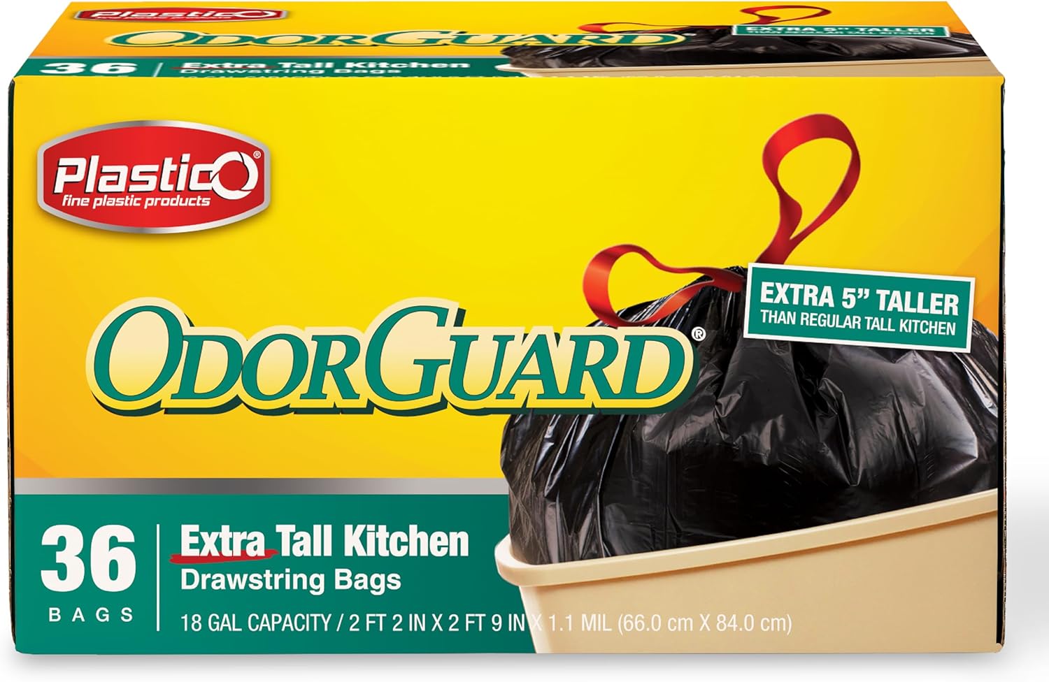 Plastico Extra Tall Kitchen Trash Bags - 18 Gallon, Black, 36 Garbage Bags, Extra Strong, Easy Drawstrings - Odor Guard Control, Unscented, 1.1 Mil Thick Plastic