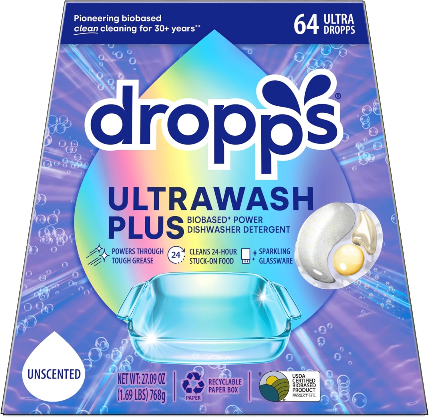 Dropps UltraWash Plus Dishwasher Detergent, Unscented (64 Pods) - Triple Action Biobased Power Deep Clean Dishwasher Detergent Tablets for Tough Stains - Dishwashing Pods for Shiny Dishes