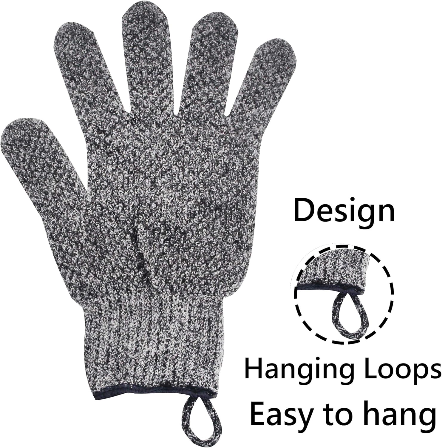 Exfoliating Gloves with Hanging Loop - 1 Pair Bamboo Charcoal Bath/Shower Gloves, Bath Gloves for Shower Exfoliating and Ingrown Hair/Dead Skin Remover - Bamboo Charcoal - Exfoliator Mitt Scrub Gloves