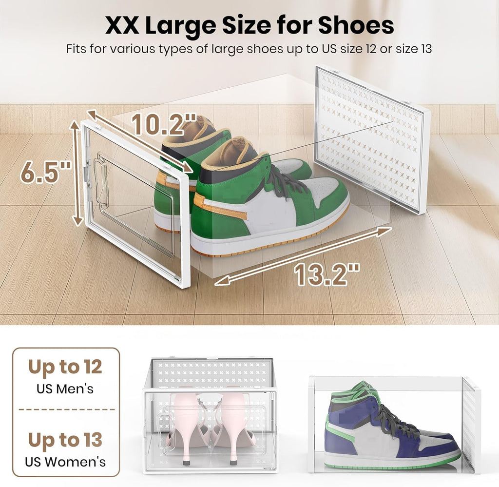 12 Pack XX-Large Modular Clear Plastic Stackable Shoe Storage Organizer for Closet, Space Saving Versatile Sneaker Shoe Rack Containers Bins Holders, Portable Closet Organizers and Storage, White