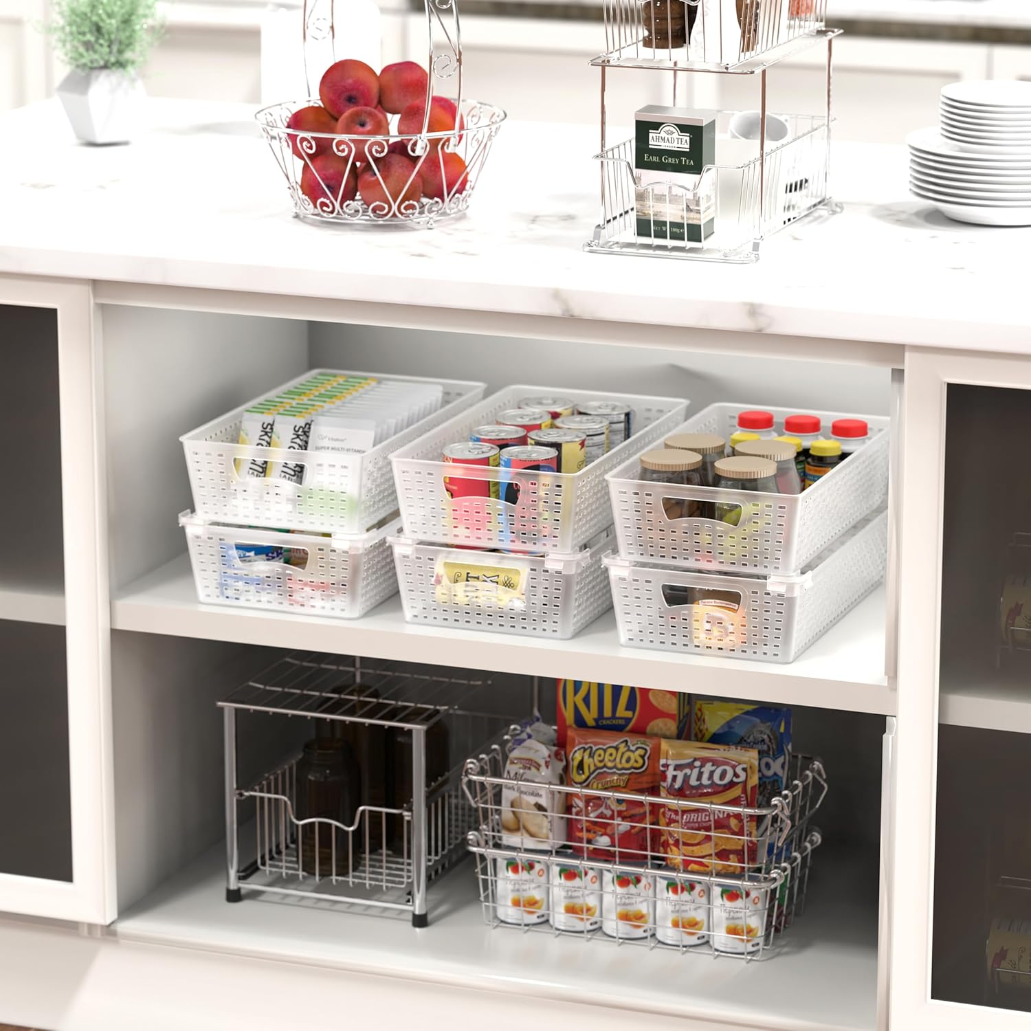 Simple Houseware Stackable Plastic Woven Basket Organizer, 6 Pack, 14.5" x 8.5" x 3.5", Clear