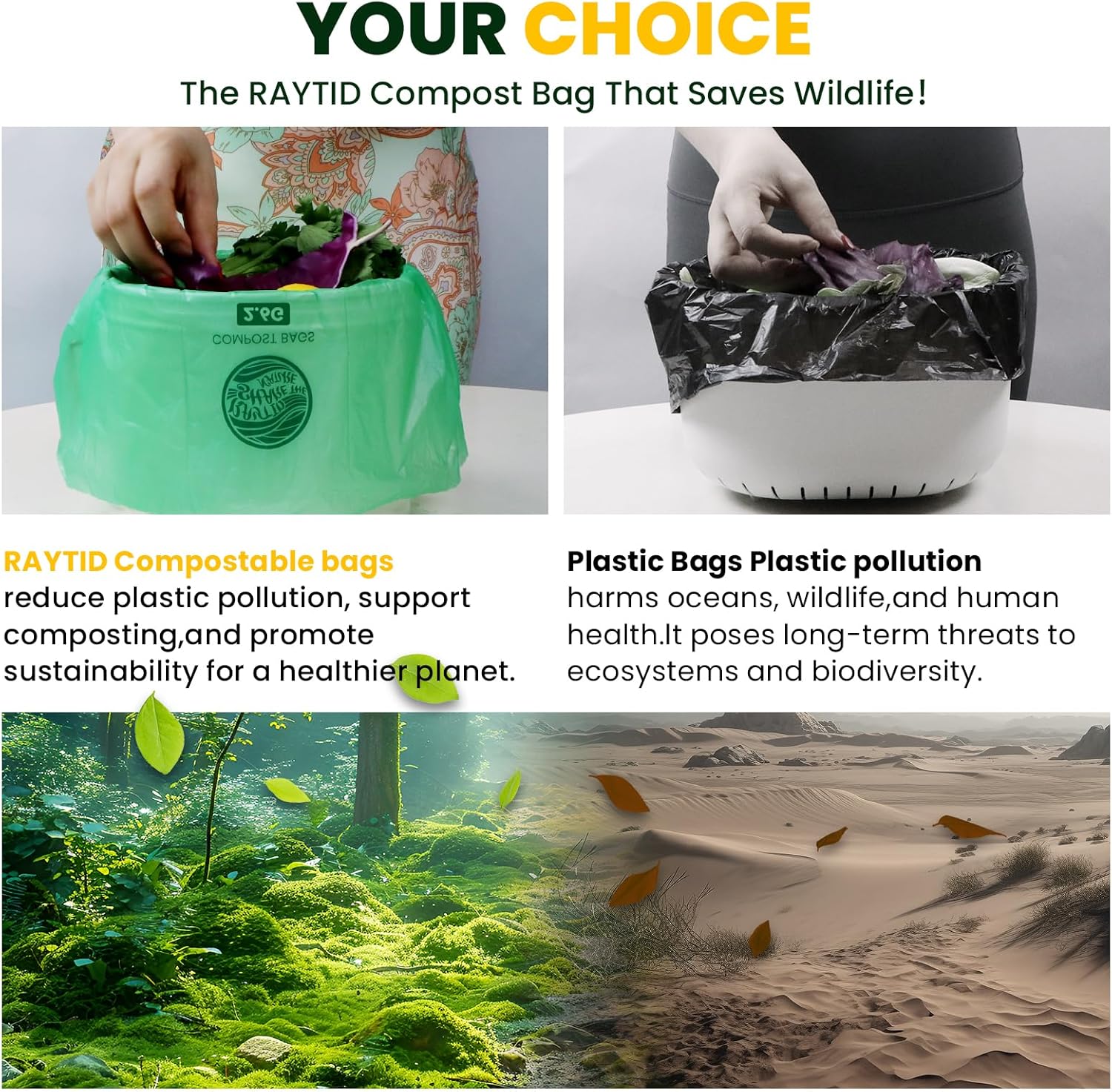 RAYTID Compostable trash Bags 2.6 Gallon Compost Bags for Kitchen Countertop Bin 1.3,2,3, Gallon, 120 Count,Small Kitchen Food Scrap Waste Bags,ASTM D6400, US BPI & Europe OK Compost Home Certified