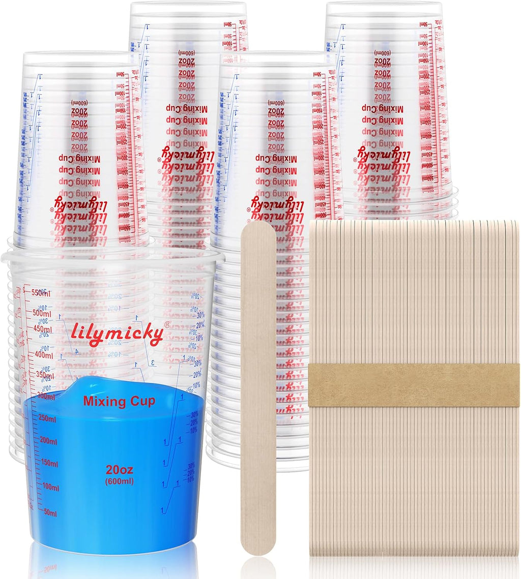 100 Pack Plastic Mixing Cups, 20 oz (600ml), Disposable Measuring Cups with 50 Wooden Mixing Sticks, Measurement ratios: 2:1, 3:1, 4:1, Suitable for Epoxy Resin, Liquid Measuring, and Paint