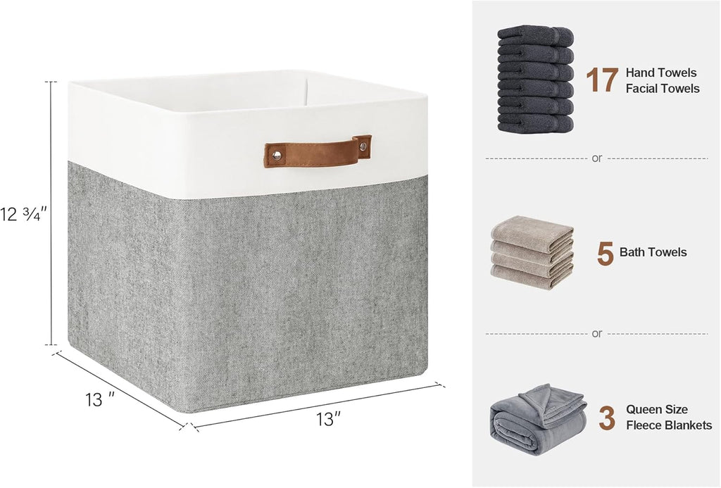 StorageWorks 13x13 Inches Storage Cube, Fabric Storage Bins with PU Handles, Collapsible Organizer Baskets for Closet, Gray and White, 4-Pack