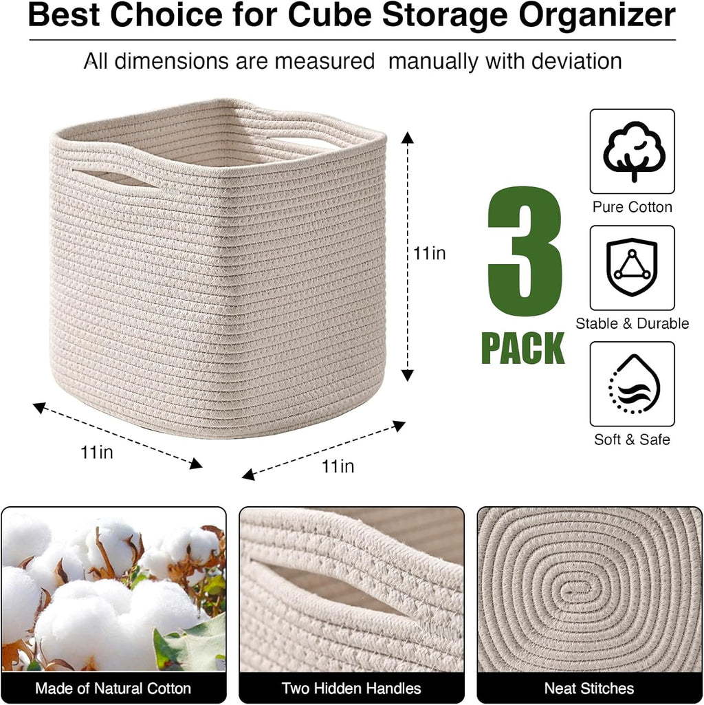 11 Inch Cube Storage Bins, Organizer Bins, Woven Cotton Rope Baskets for Storage, Storage Baskets for Organizing Shelves, White Basket for Toys, Off White (Pack of 3)