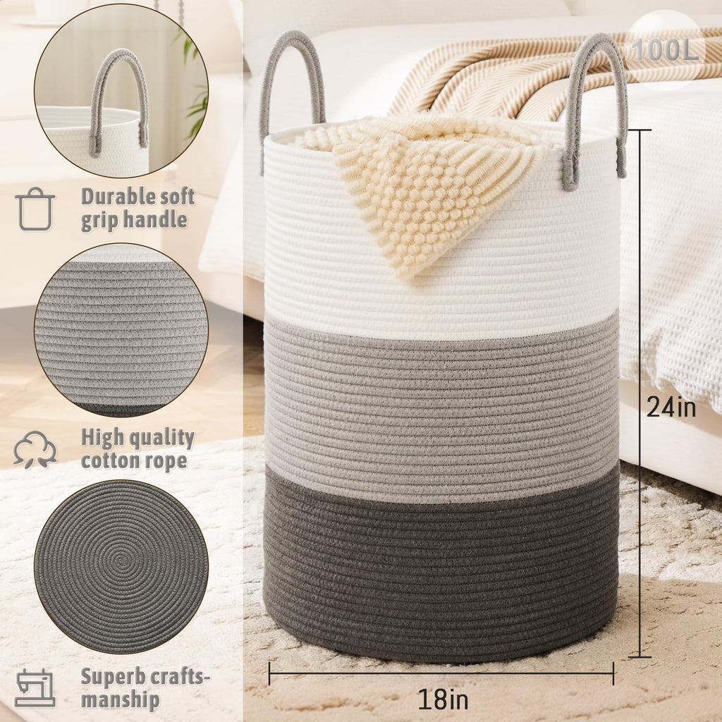 Laundry Basket,Woven Cotton Rope Laundry Hamper,100L for Decorative Storage of Dirty Clothes,Toys and Blankets in Bathroom,Bedroom and Living Room
