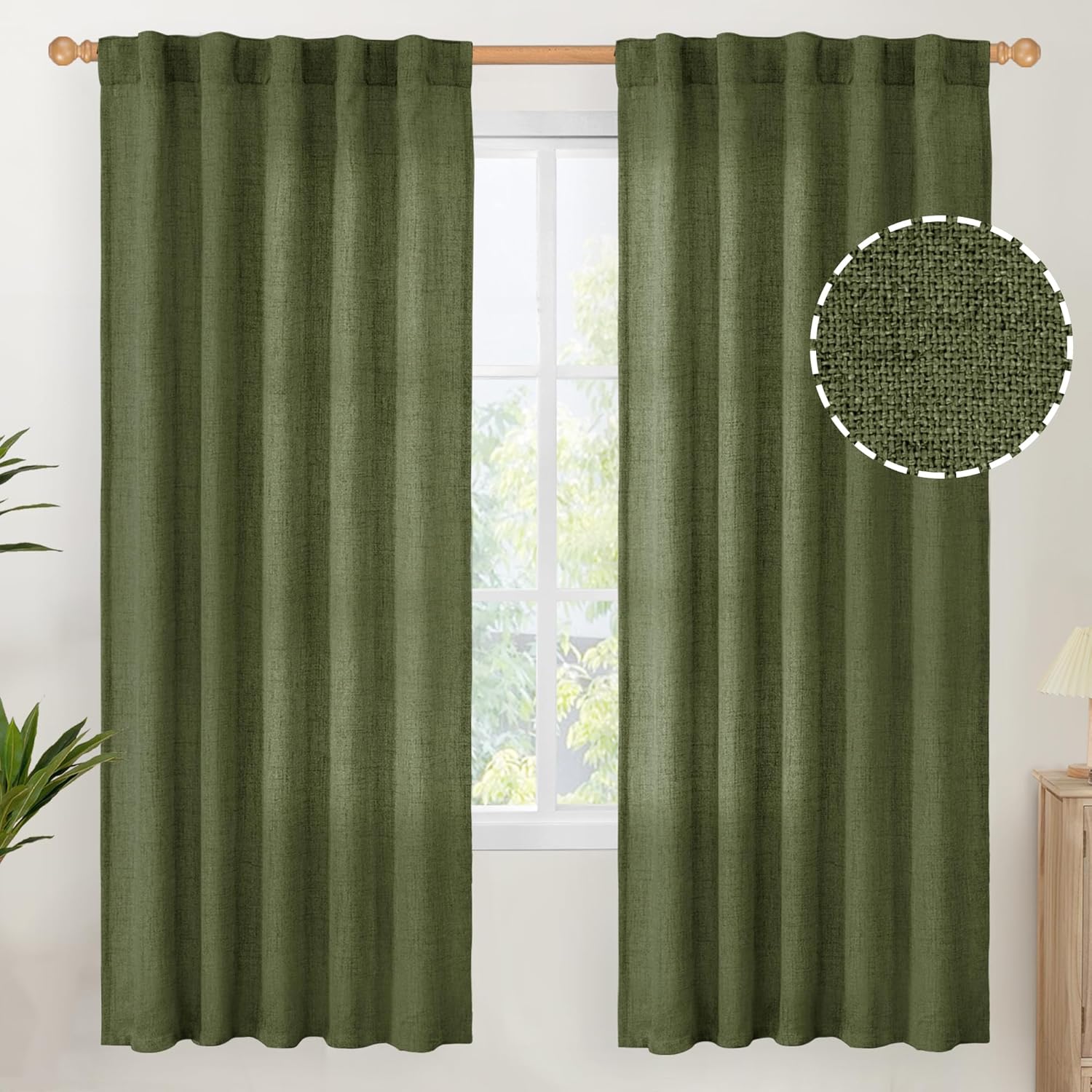 YoungsTex Olive Green Linen Curtains for Living Room 72 Inch Length, Light Filtering Rod Pocket Window Drapes Back Tab for Office Bedroom Farmhouse Lightweight, 2 Panels, 42 X 72 Inch