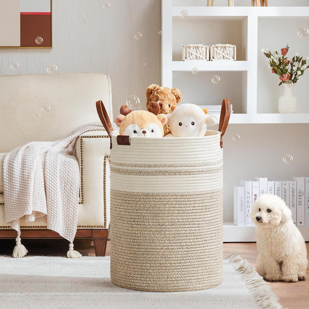 VIPOSCO Tall Laundry Basket, Large Dirty Clothes Hamper with Leather Handle, Woven Rope Storage Basket for Blanket, Toy In Living Room, Bathroom, Bedroom - 100L Brown & White