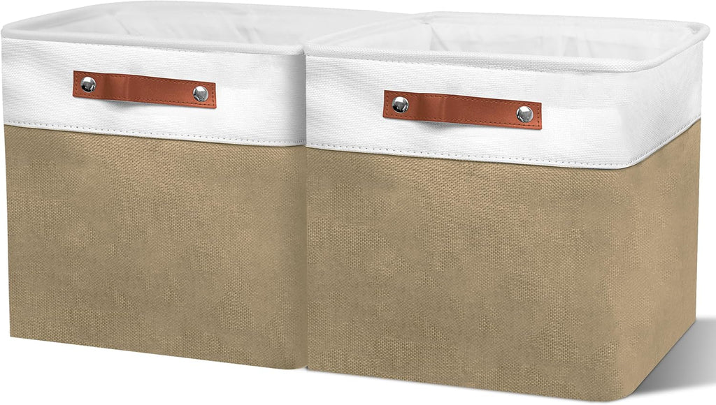 13in Open Fabric Storage Basket with Leather Handles for Organizing, Collapsible Linen Closet Bins for Shelves, Closets, Laundry, Decorative Basket for Gifts. (White＆Khaki, 2PCS/13x13in)