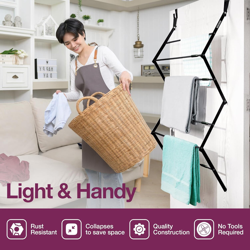 BLACK+DECKER Over The Door Expandable Telescopic Drying Rack, Clothes Organizer, Towel Hanger, Laundry, Collapsible, Black