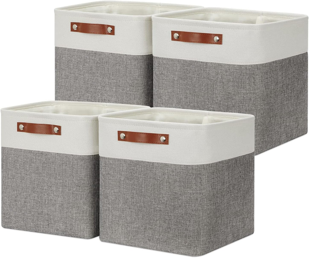 DULLEMELO [Set of 4 Storage Cubes Baskets for Organizing, 12 x 12 x 12 inch Cube Storage Organizer Bins with Leather Handles, Foldable Fabric Cloth Bins for Cube Storage(4 Pack - 12" White&Grey)
