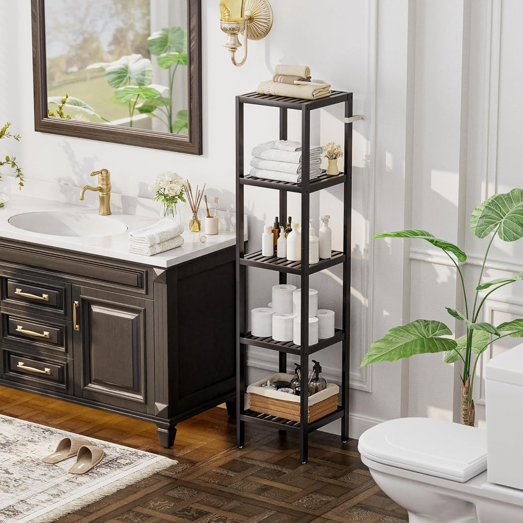 SMIBUY Bathroom Storage Shelf, 5-Tier Bamboo Rack Organizer, Multifunctional Shelving Unit for Living Room Bedroom Kitchen (Black)