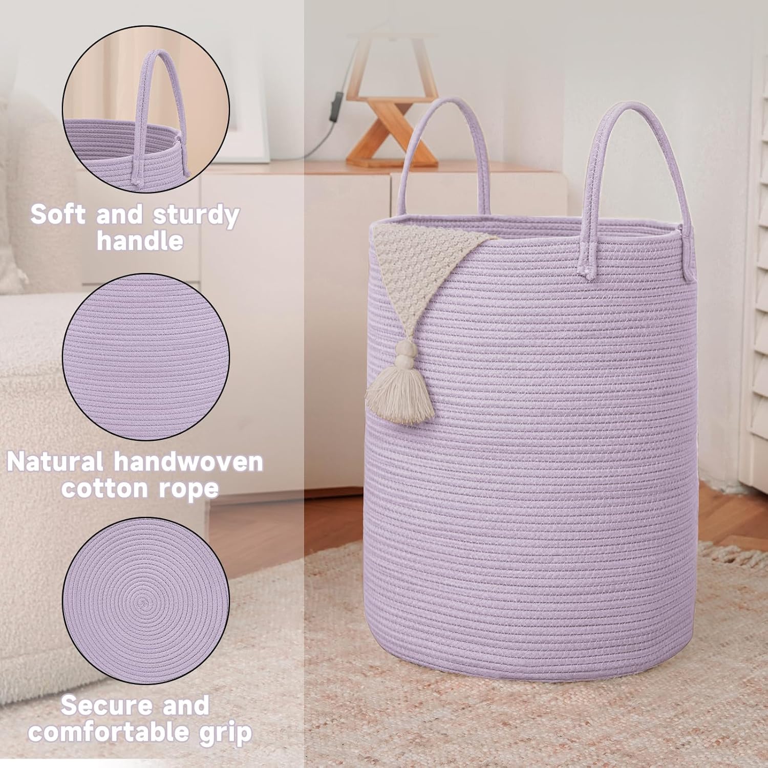 Large Woven Laundry Basket Hamper,100L Cotton Rope Storage Bin for Blankets,Toys and Clothes,Decorative Tall Nursery Hamper for Living Room,Baby Nursery,Bathroom and Bedroom,Purple