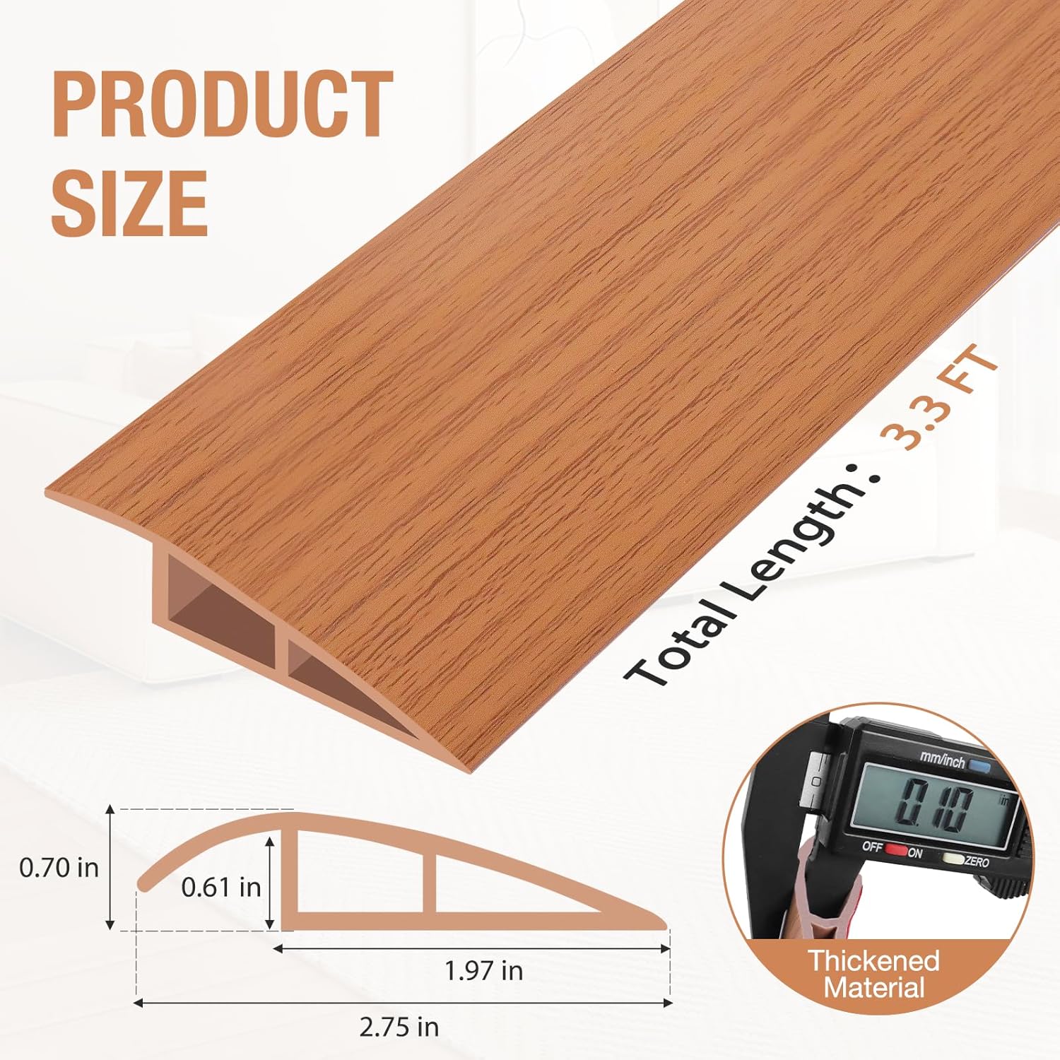 Floor Transition Strip Self Adhesive Vinyl Door Threshold for Doorways Carpet Edging Trim Overlap Edge Reducer for Laminate Floor, Carpet, Tile (Yellow Oak Grain, 2/5" to 3/5", 3.3Ft)
