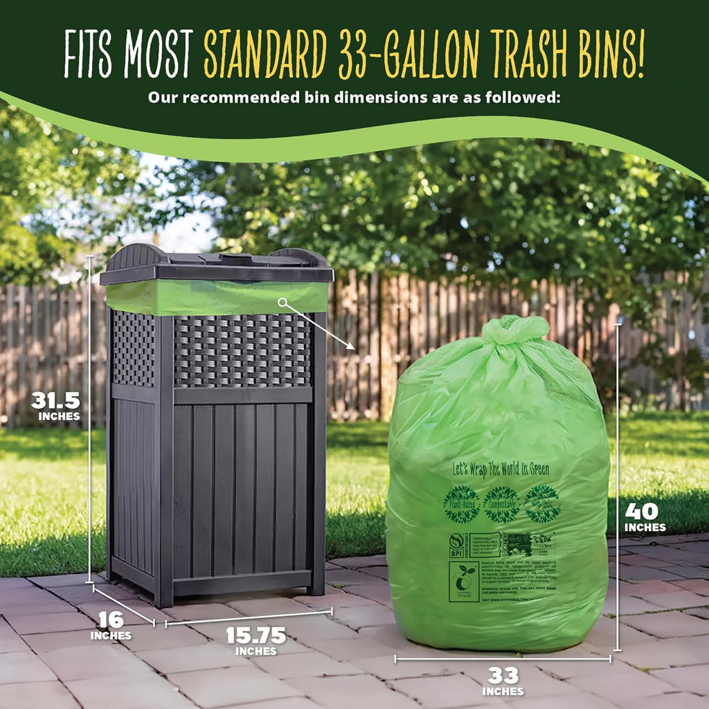 30-33 Gallon Compost Bags 30 Bags Yard Waste Bags Flat-Top Liners Compostable Trash Bags Heavy Duty Extra Thick 1.57 Mil, 124.92 Liter Lawn and Leaf Bags BPI ASTM D6400 and OK Compost Home Certified