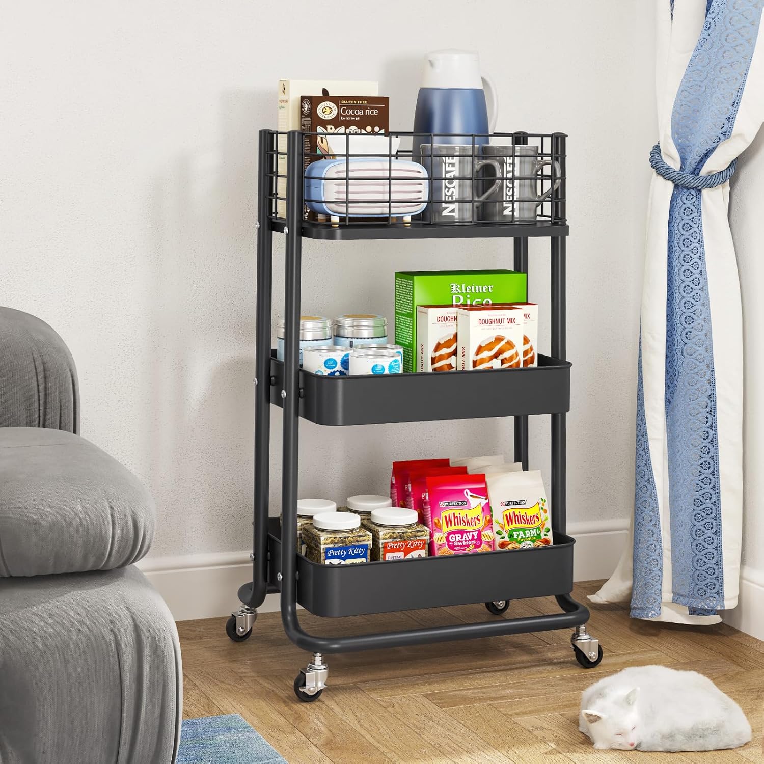KINGRACK 3 Tier Rolling Cart, Metal Mobile Storage Shelf with Lockable Wheels, Utility Trolley Cart with Wheels, Storage Organizer for Kitchen, Office, Bathroom, Dorm, Black