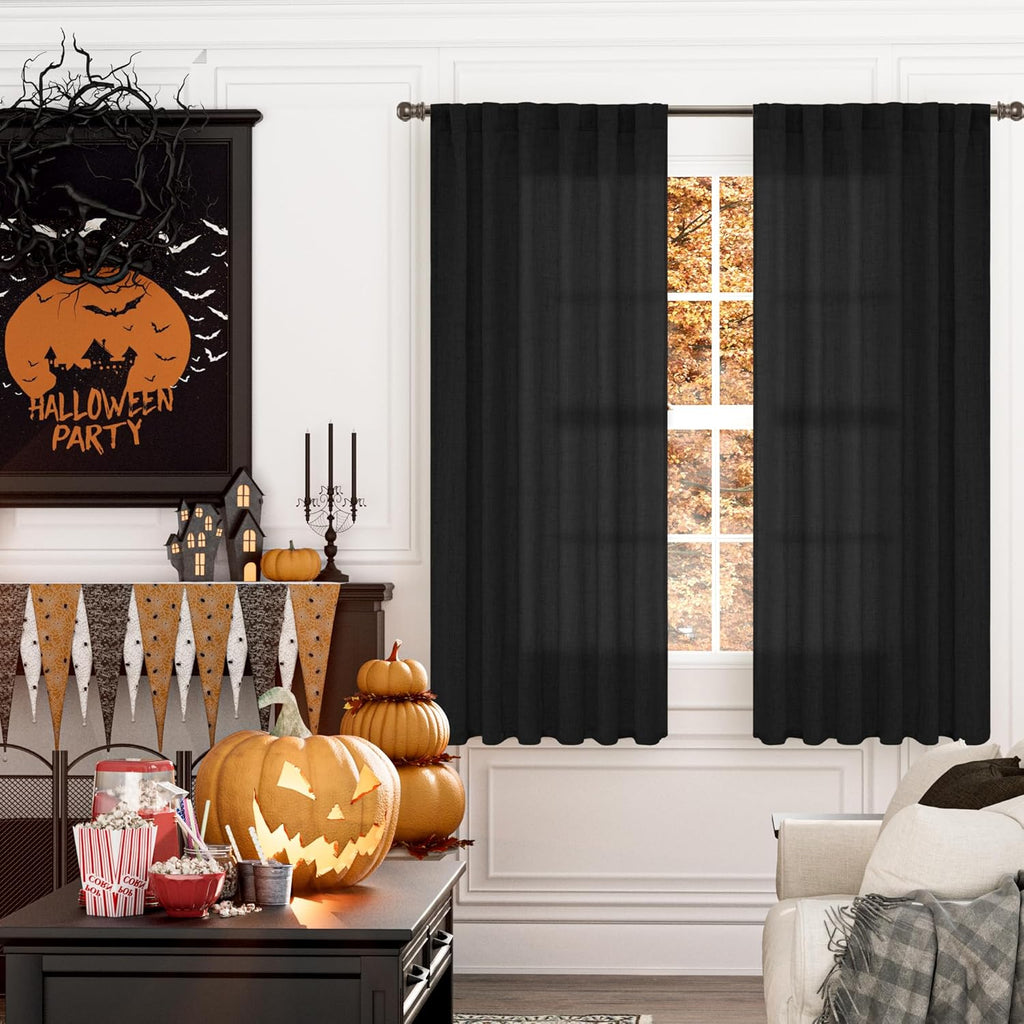 YoungsTex Black Linen Curtains 63 inch Length 2 Panels for Living Room, Back Tab and Rod Pocket Semi Sheer Drapes Light Filtering for Bedroom Gothic Decorative, 52 X 63 Inch