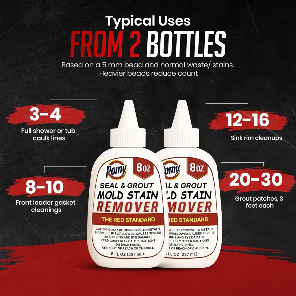 Pomy Professional Grade Mold Stain Remover Gel (2 Pack-16 oz Total) Thick No-Run Gel for Shower Caulk, Grout Lines, Washing Machine Gasket, Front Loader Door Seal, Tile and Bathroom Surfaces