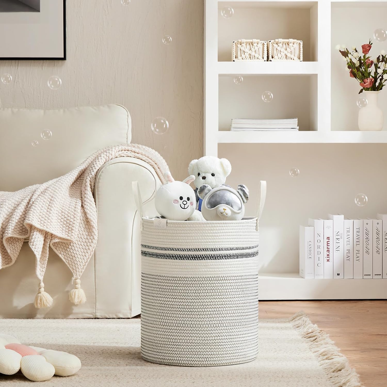 VIPOSCO Tall Laundry Basket, Large Dirty Clothes Hamper with Leather Handle, Woven Rope Storage Basket for Blanket, Toy In Living Room, Bathroom, Bedroom - 53L Stripe White