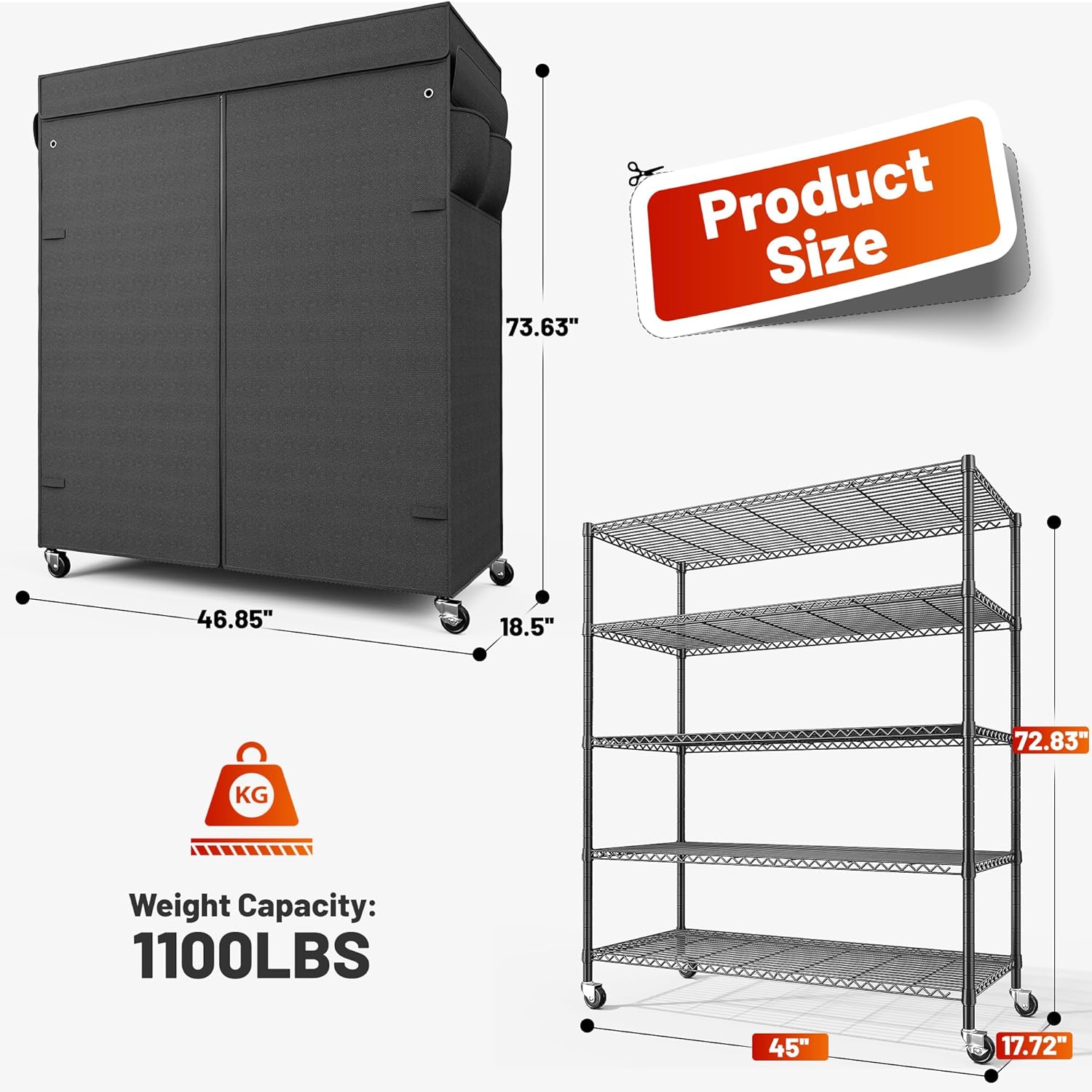 REIBII 45''W Storage Shelves Waterproof Metal Shelving Cover Dustproof Wire Shelving Unit Covers Garage Storage Rack Wire Shelf for Kitchen Pantry Office College, 45Wx17.72Dx72.83H