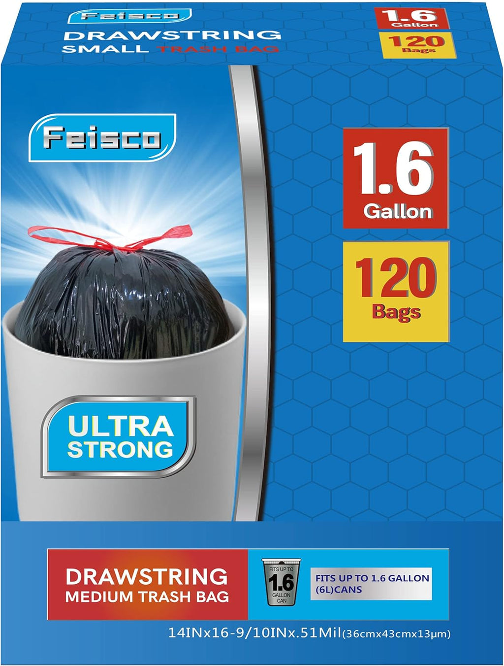 Feisco 1.6 Gallon Black Trash Bag,6L Drawstring Garbage Bag Trash Can Liner,120 Counts,0.51 Mil