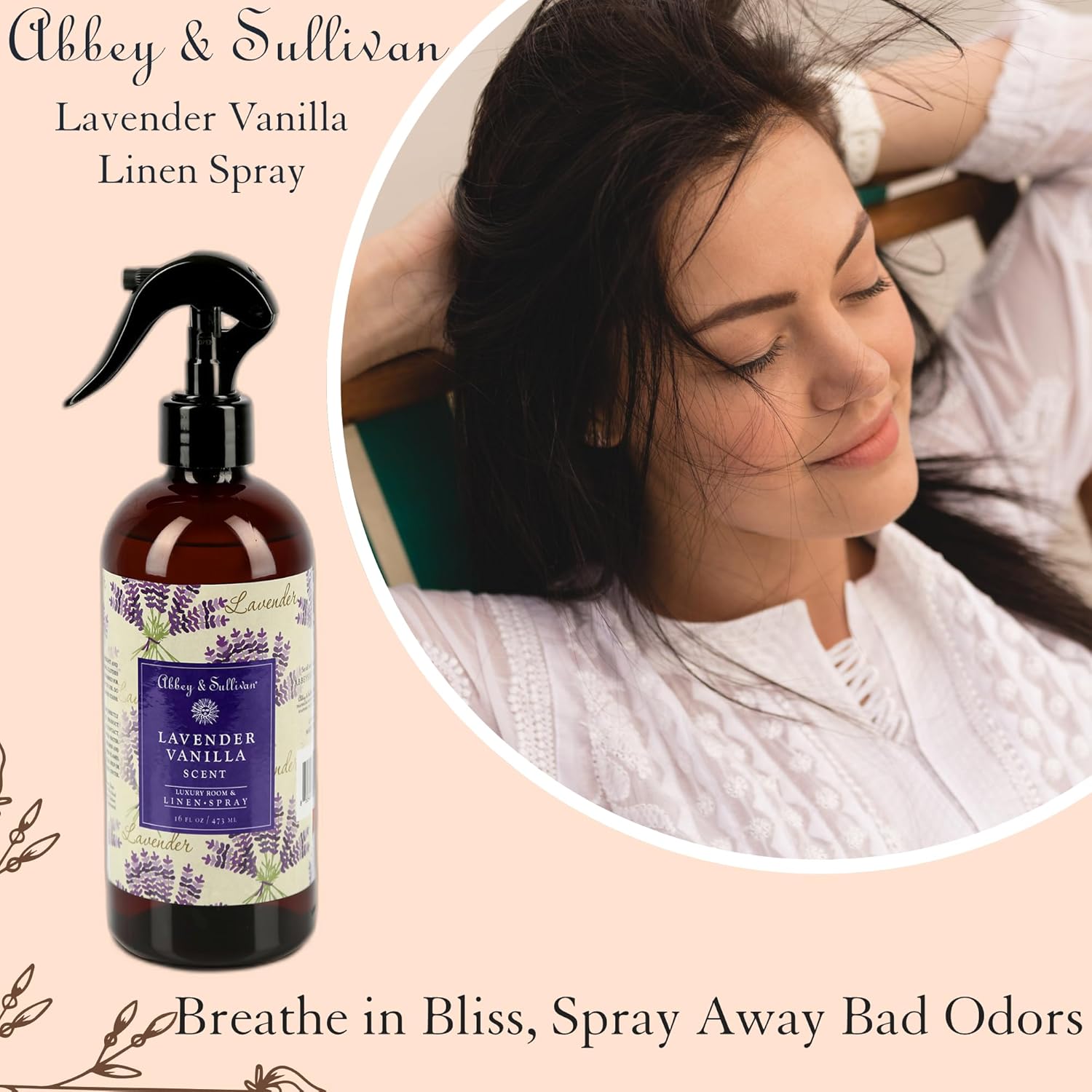 Abbey & Sullivan Odor Eliminating and Refreshing Linen and Room Spray, Lavender Vanilla, 16 oz.