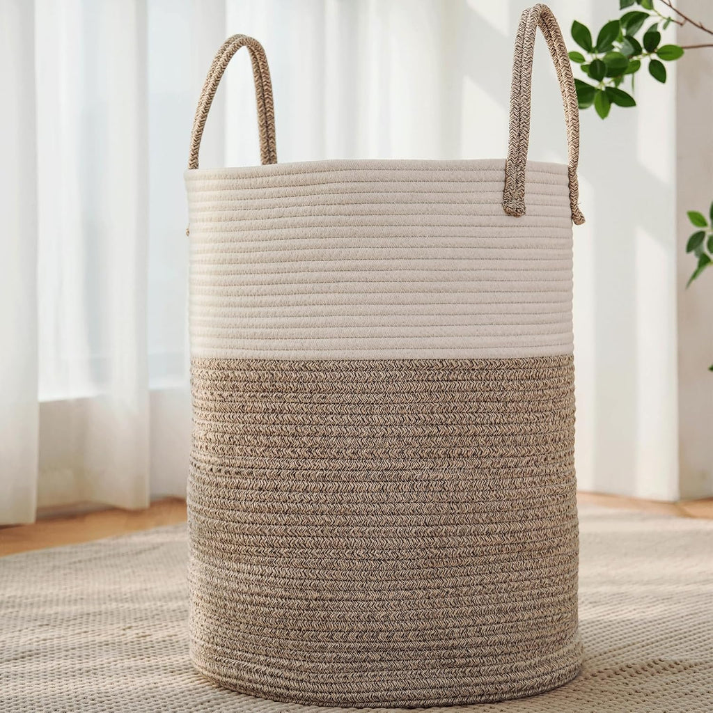 Large Woven Laundry Basket Hamper,100L Cotton Rope Storage Bin for Blankets,Toys and Clothes,Decorative Tall Nursery Hamper for Living Room,Baby Nursery,Bathroom and Bedroom,Brown