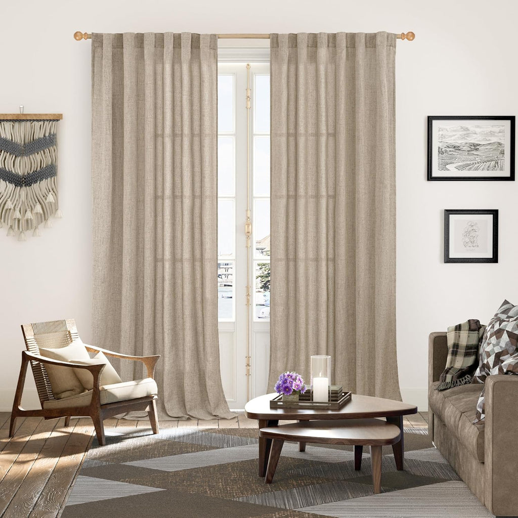 YoungsTex Linen Semi Sheer Curtains 95 Inches Long 2 Panels for Living Room, Textured Floor Length Drapes Light Filtering with Rod Pocket Back Tab for Bedroom, Dark Oatmeal,52 X 95 Inch