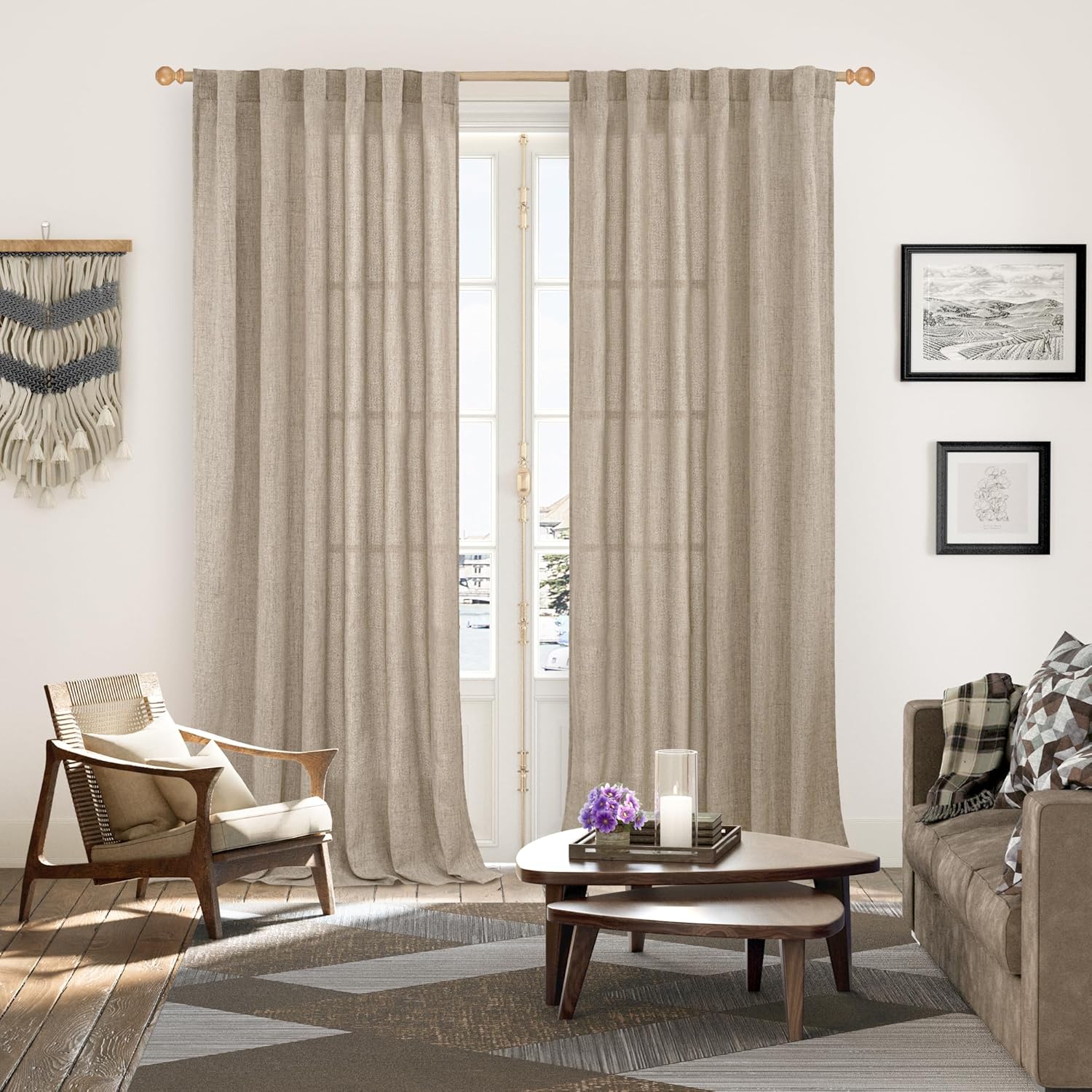 YoungsTex Dark Oatmeal Linen Curtains 102 Inch Length for Living Room, Long Semi Sheer Drapes with Rod Pocket Back Tab Light Filtering for Office Dining Bedroom, 2 Panels, 52 X 102 Inch