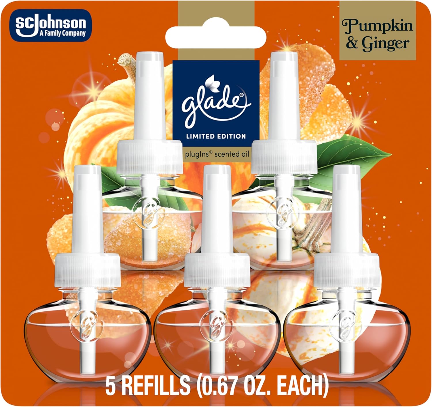Glade PlugIns Refills Air Freshener, Pumpkin & Ginger, Scented and Essential Oils for Home and Bathroom, 0.67 Fl Oz, 5 Count