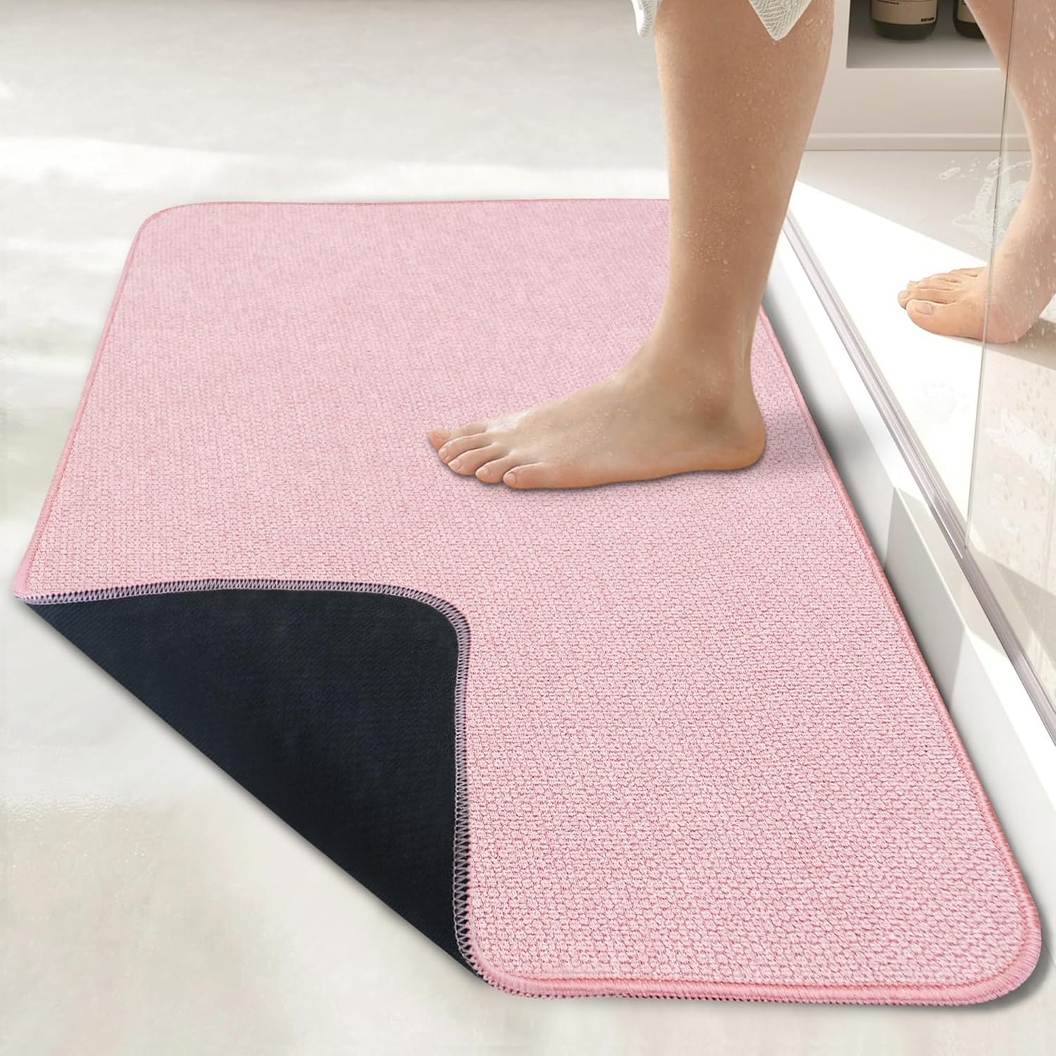 Bath Mat,Ultra Thin Bathroom Rugs,Rubber Bath Mats for Bathroom,No Slip Bath Rugs,Quick Dry,Machine Washable,Low Pile,Absorbent,Shower Outside,Sink,Home Decor Accessories.Pink,2'x3'(24x36inch)