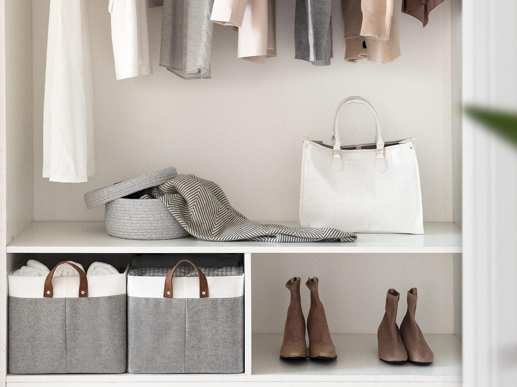 StorageWorks 45L Large Storage Bins for Closet and Shelves, Fabric Organizer Baskets with Metal Frame for Clothes, Towels, Collapsible Storage Basket, Gray and White, 2-Pack